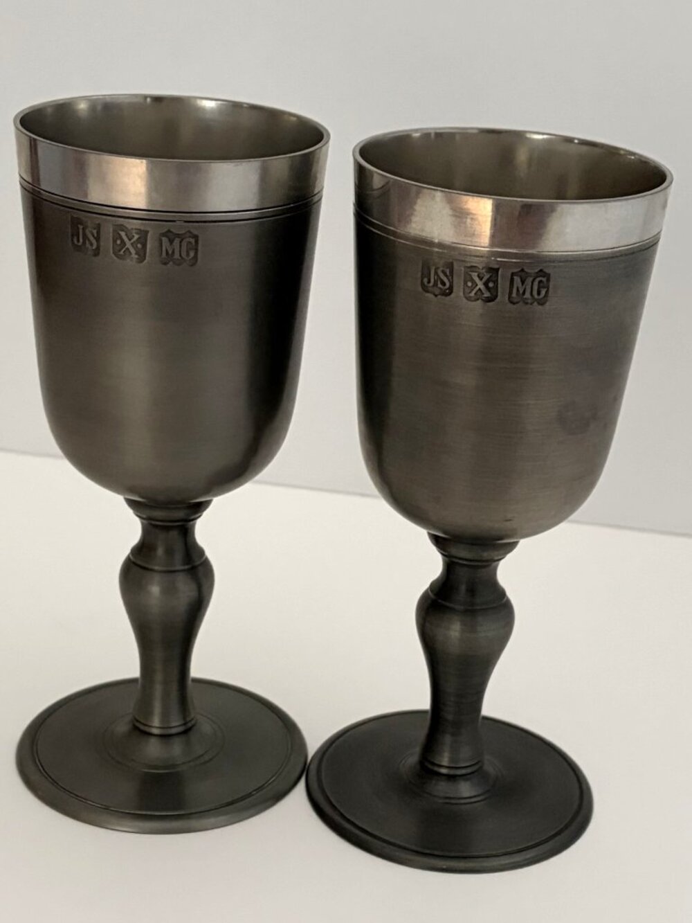 Pair (2) John Somers Pewter Goblets 6.5" H Stamped JS X MG M Brazil Wedding gift